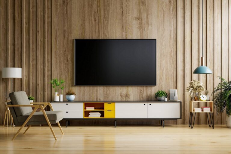 tv cabinet modern living room with lamp table flower plant wooden wall background 768x511