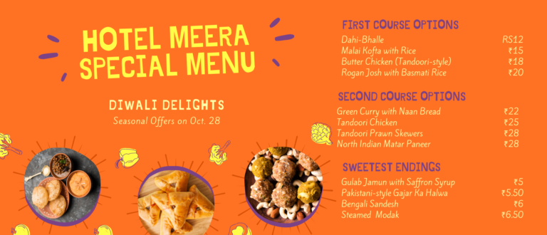 Orange Yellow and Purple Illustrated Diwali Restaurant Menu 768x330